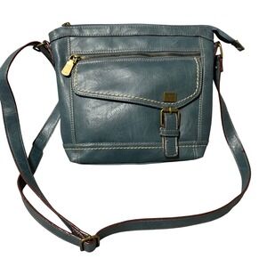 BOC Concepts Teal Blue Faux Leather Crossbody Bag Adjustable Strap Zip Pockets